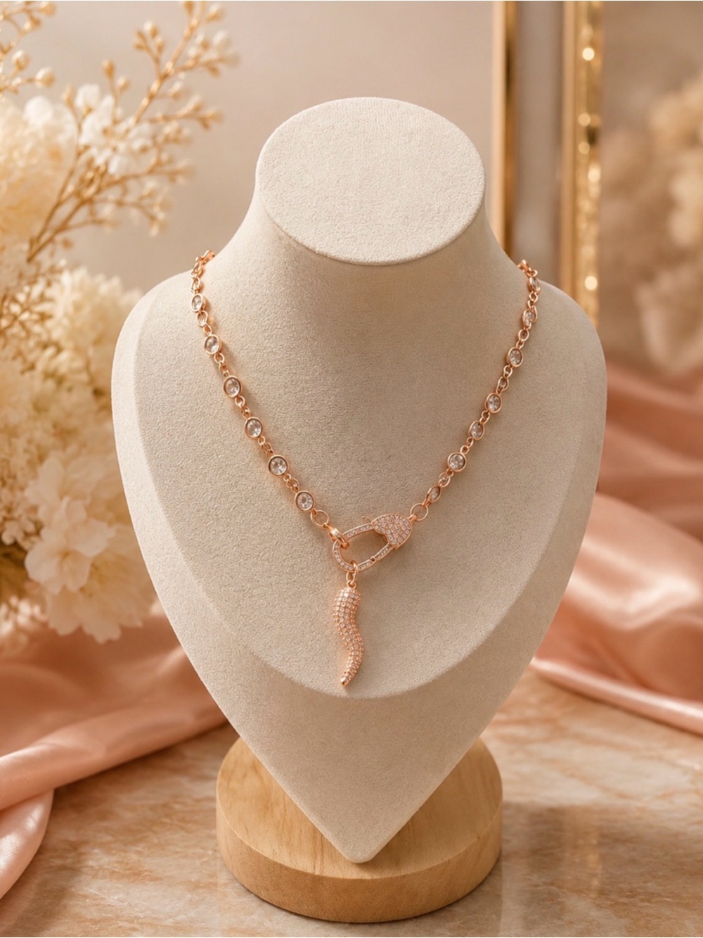 Rose Gold Crystal-Link Necklace with Pave Pendant